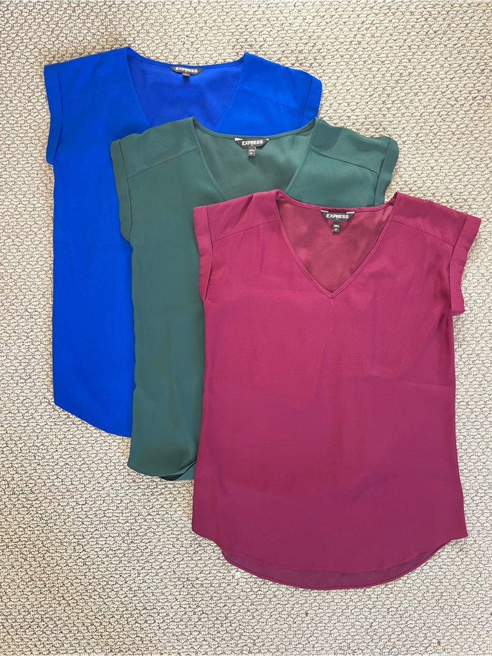 3-pack bundle Express Women's V-Neck Cap Sleeve Top - Berry, Forest, Royal Blue
